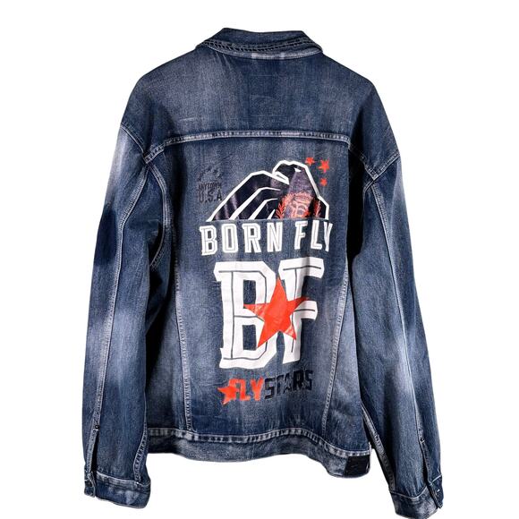 Born Fly Men's 3XL Embroidered Patchwork Aviator Heavy Long Sleeve Denim Jacket - Picture 2 of 10